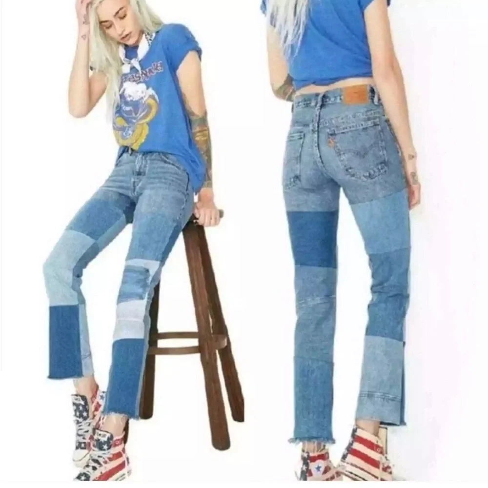 Levi’s Orange Tab Patchwork Vinyl Revival Cropped Straight Leg Raw Hem 31 - Picture 3 of 12